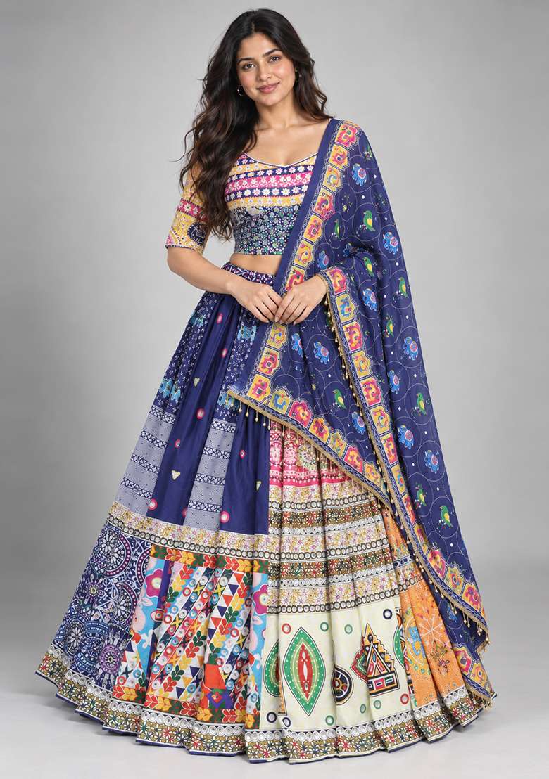 Multi Color Digital Print Silk Blend Chaniya Choli Set For Navratri And Garba for Diwali | Wedding & Festive Wear - Indya