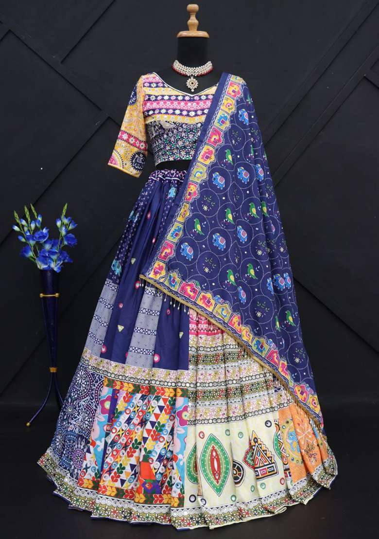 Multi Color Digital Print Silk Blend Chaniya Choli Set For Navratri And Garba for Diwali | Wedding & Festive Wear - Indya