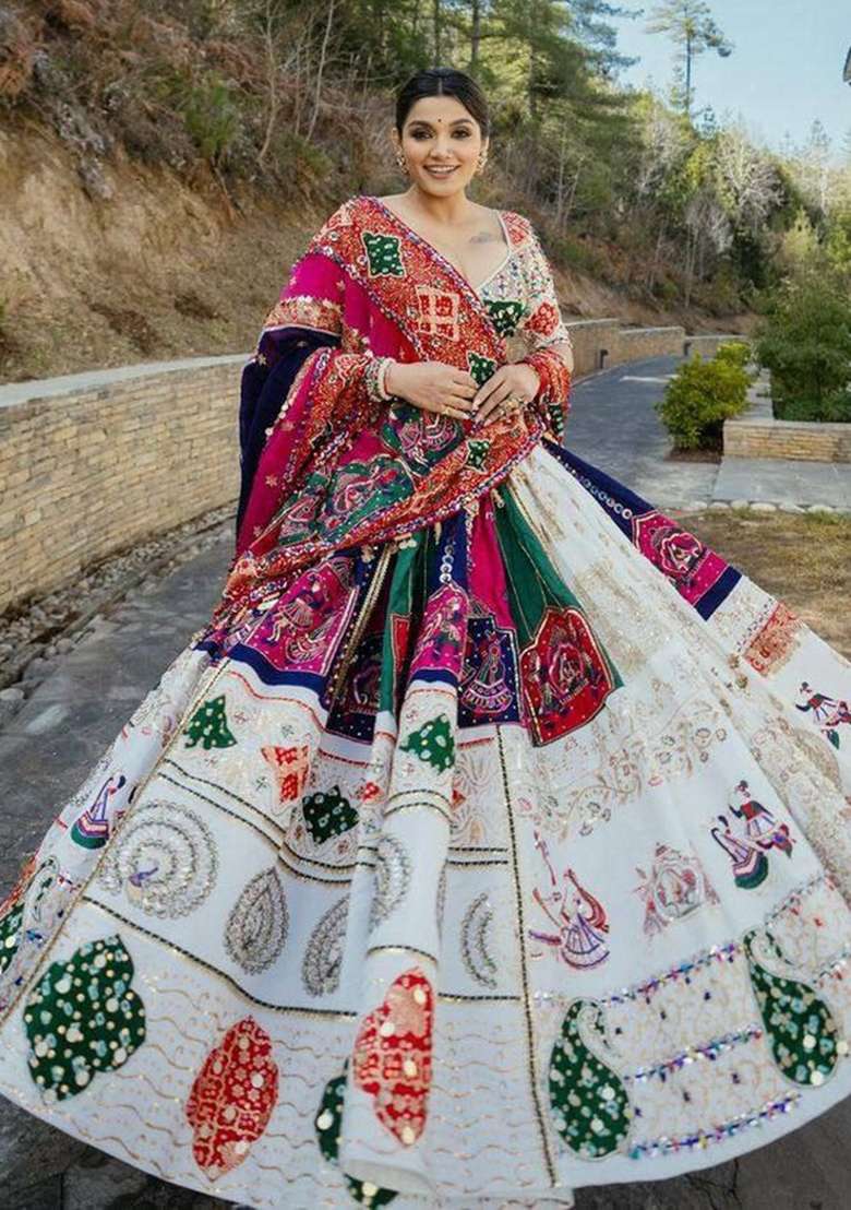 Multi Color Digital Print Silk Blend Chaniya Choli Set For Navratri And Garba for Diwali | Wedding & Festive Wear - Indya