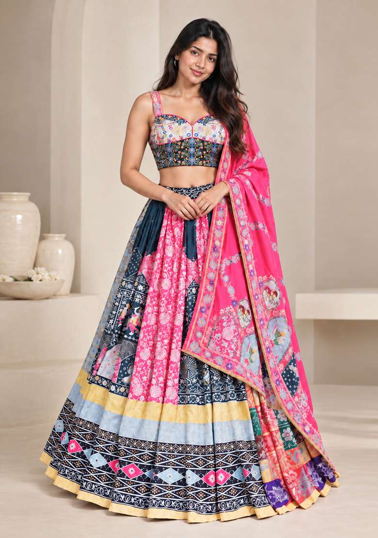 Multi Color Digital Print Silk Blend Chaniya Choli Set For Navratri And Garba for Diwali | Wedding & Festive Wear - Indya