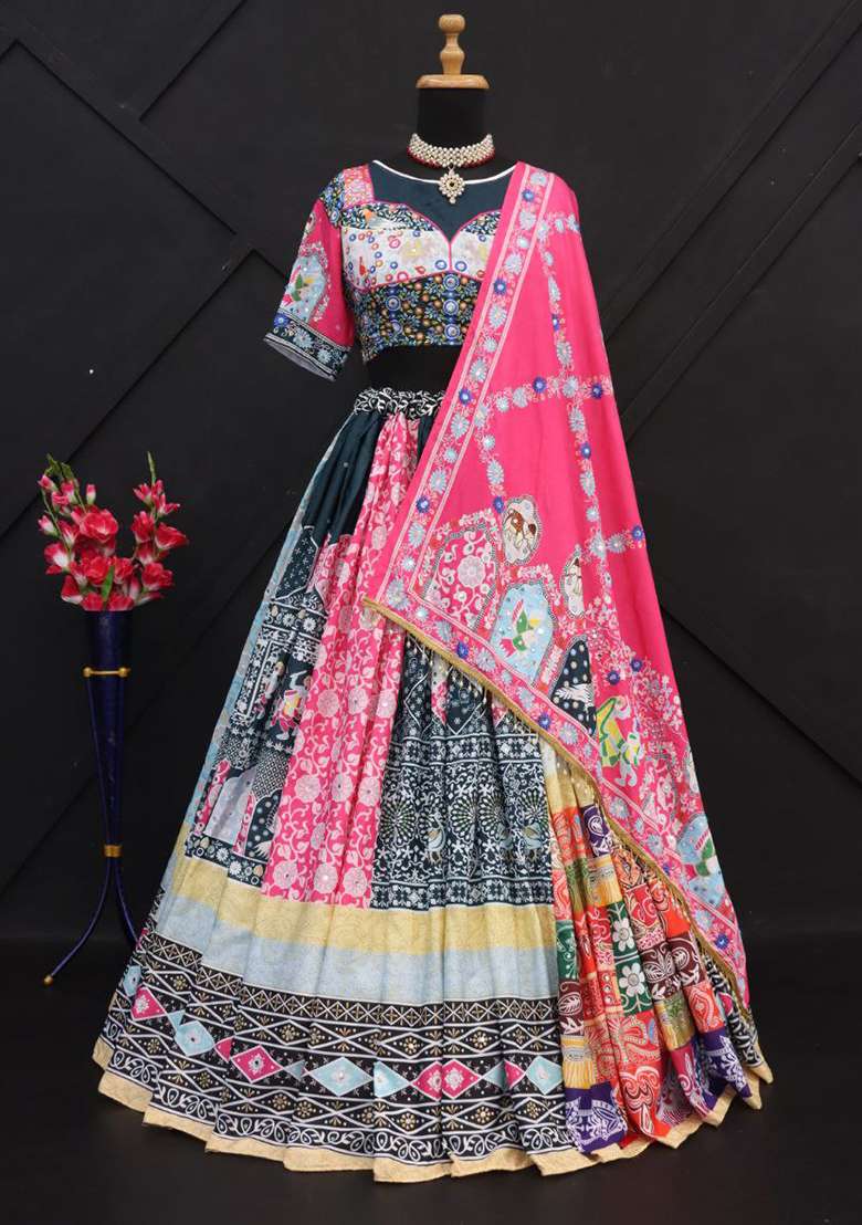 Multi Color Digital Print Silk Blend Chaniya Choli Set For Navratri And Garba for Diwali | Wedding & Festive Wear - Indya