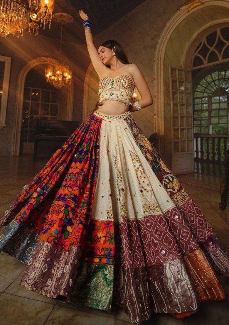 Multi Color Digital Print Silk Blend Chaniya Choli Set For Navratri And Garba for Diwali and Festive Wear - Indya