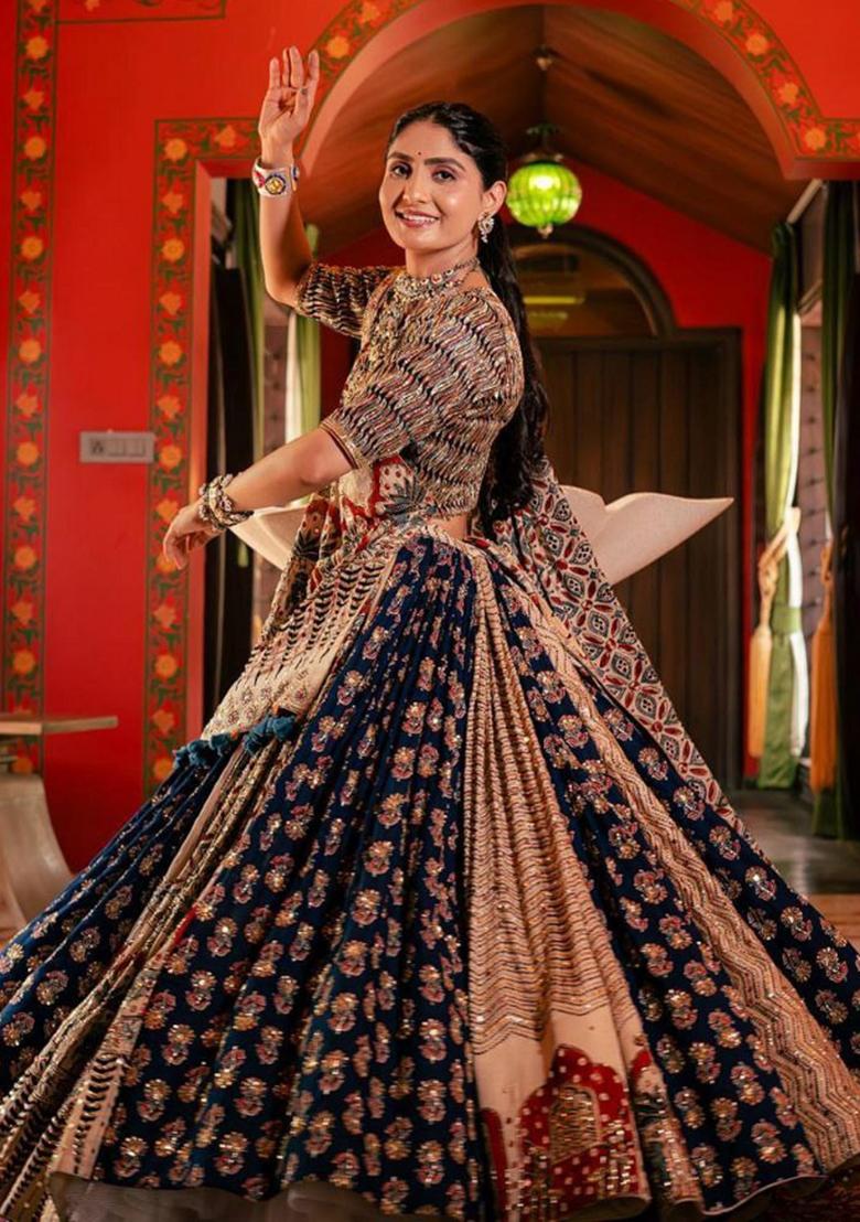 Multi Color Digital Print Silk Lehenga Set - Indya