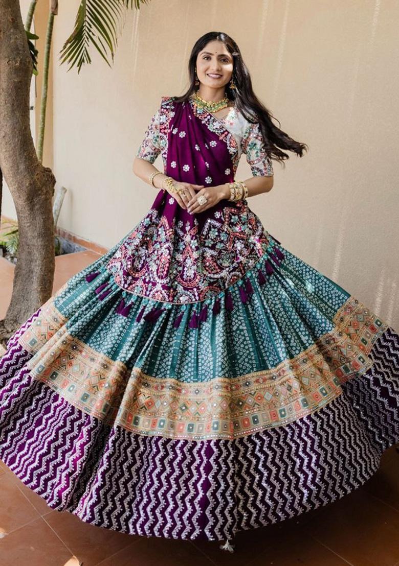 Multi Color Digital Print Silk Lehenga Set - Indya