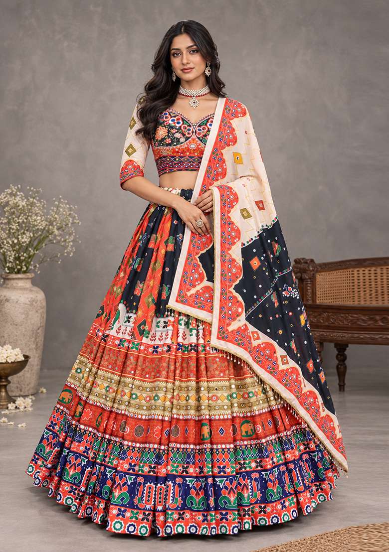 Multi Color Digital Print Silk Blend Chaniya Choli Set For Navratri And Garba for Diwali | Wedding & Festive Wear - Indya