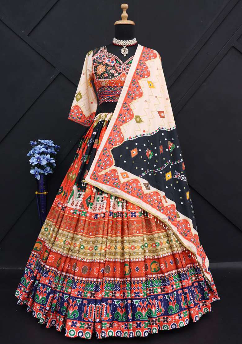 Multi Color Digital Print Silk Blend Chaniya Choli Set For Navratri And Garba for Diwali | Wedding & Festive Wear - Indya