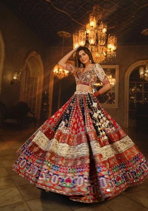 Multi Color Digital Print Silk Lehenga Set