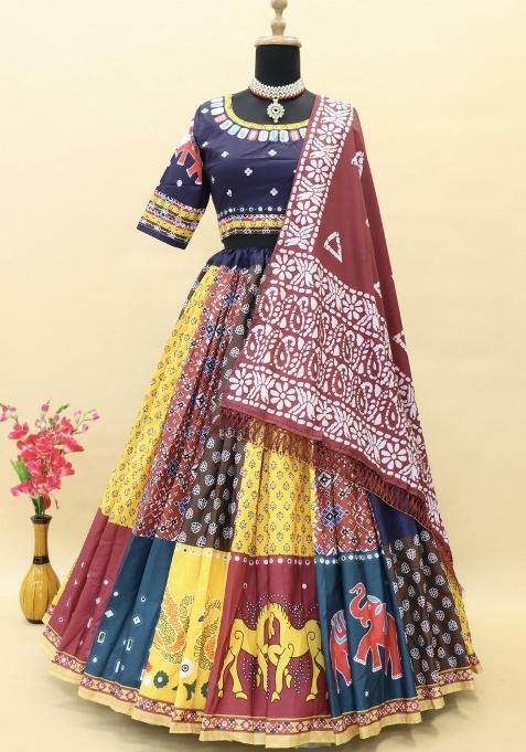 Multi Color Digital Print Silk Lehenga Set
