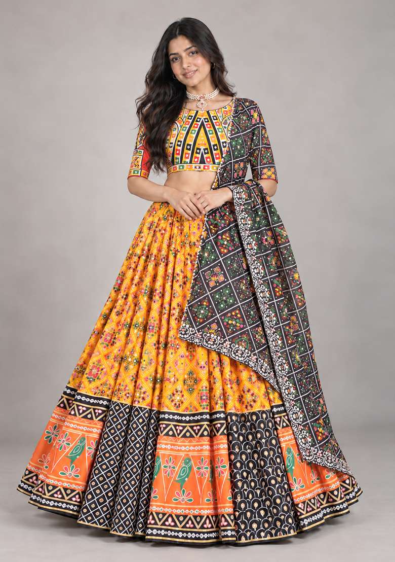 Multi Color Digital Print Silk Blend Chaniya Choli Set For Navratri And Garba for Diwali | Wedding & Festive Wear - Indya