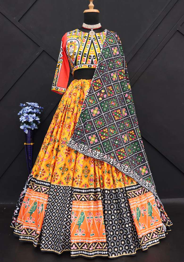 Multi Color Digital Print Silk Blend Chaniya Choli Set For Navratri And Garba for Diwali | Wedding & Festive Wear - Indya