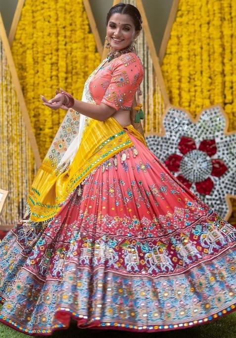 Multi Color Digital Print Silk Lehenga Set