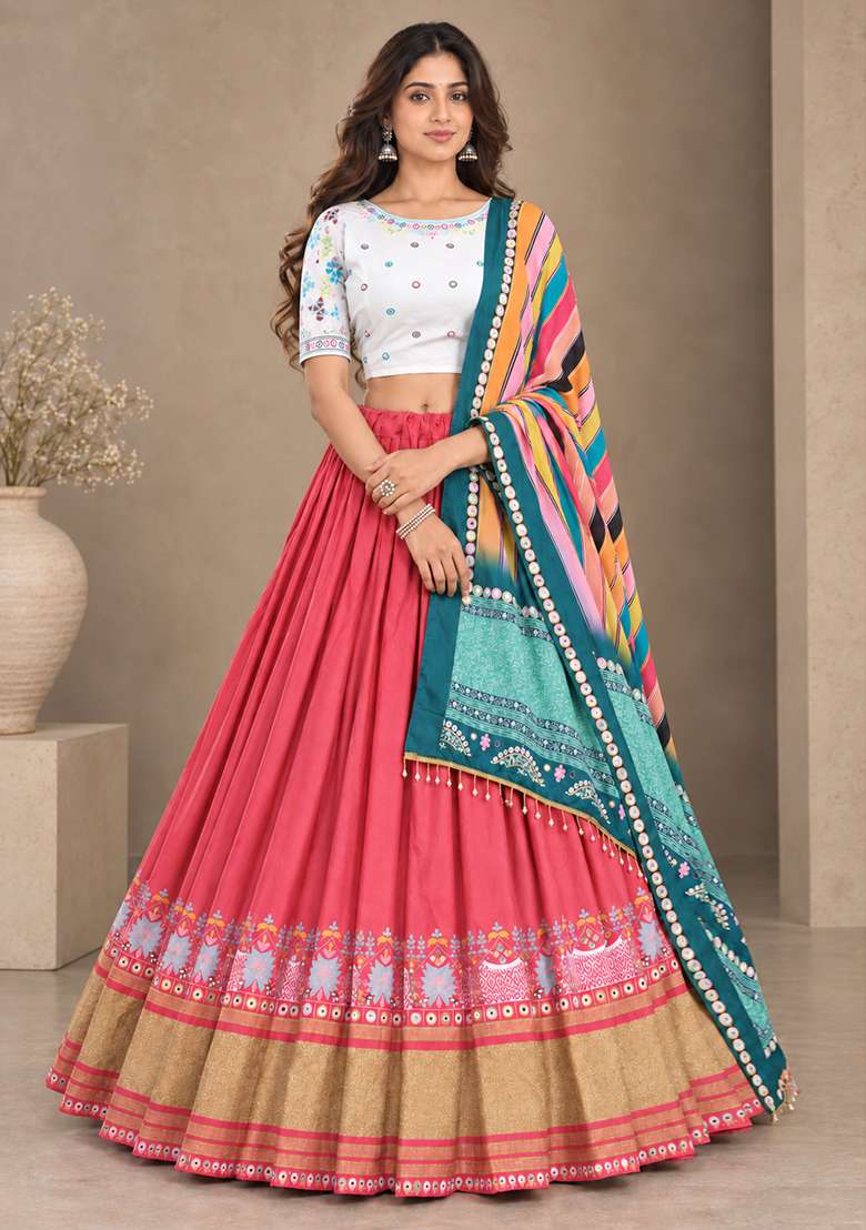 Multi Color Digital Print Silk Blend Chaniya Choli Set For Navratri And Garba for Diwali | Wedding & Festive Wear - Indya