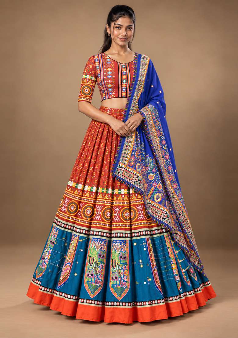 Multi Color Digital Print Silk Blend Chaniya Choli Set For Navratri And Garba for Diwali and Festive Wear - Indya