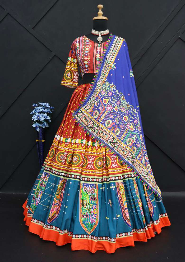 Multi Color Digital Print Silk Blend Chaniya Choli Set For Navratri And Garba for Diwali and Festive Wear - Indya