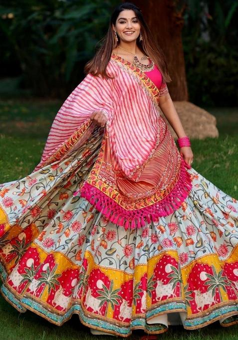 Multi Color Digital Print Silk Lehenga Set
