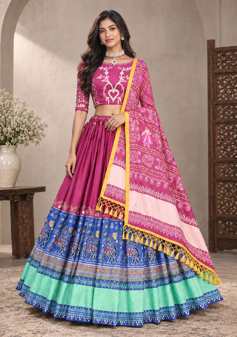Multi Color Digital Print Silk Blend Chaniya Choli Set For Navratri And Garba for Diwali and Festive Wear - Indya