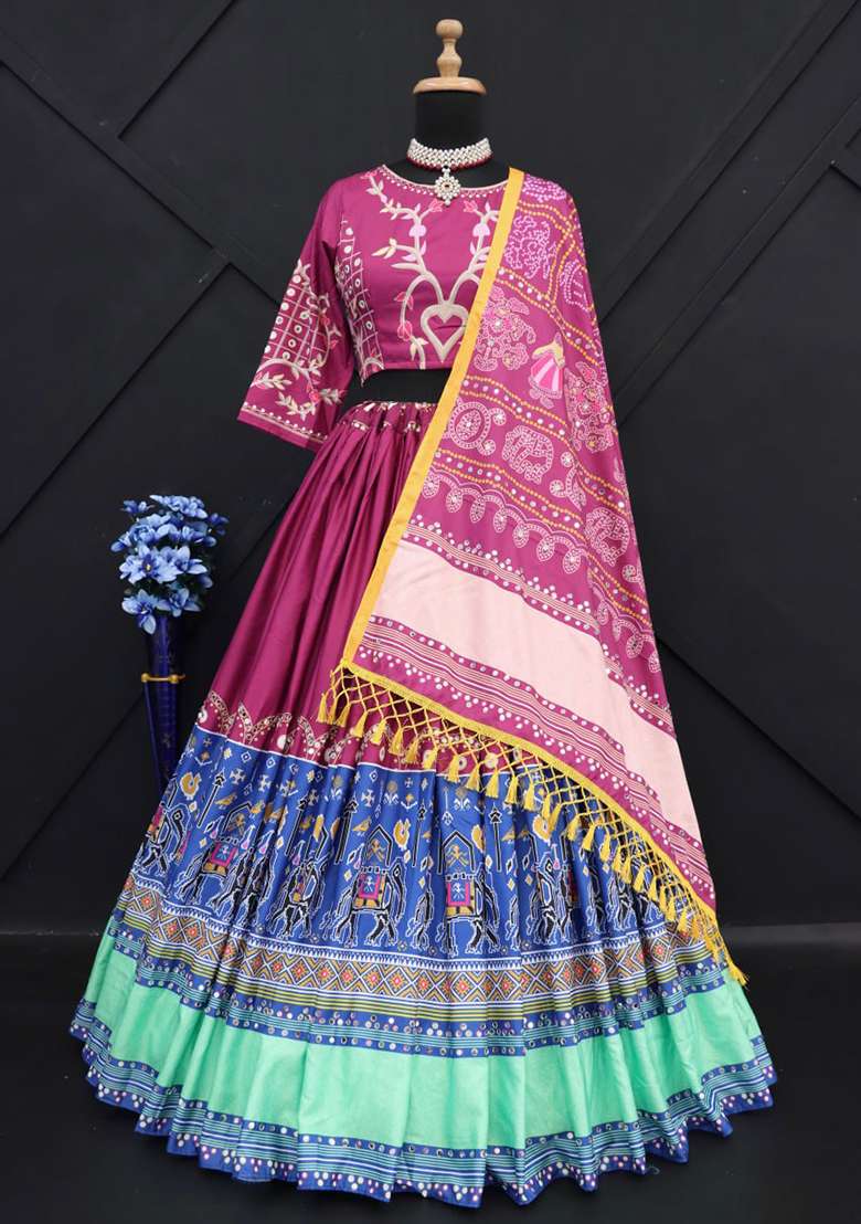 Multi Color Digital Print Silk Blend Chaniya Choli Set For Navratri And Garba for Diwali and Festive Wear - Indya