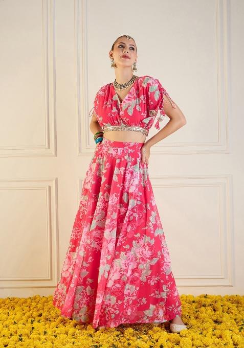 Red Printed Rib Lehenga Set