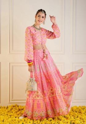 Pink Printed Rib Lehenga Set