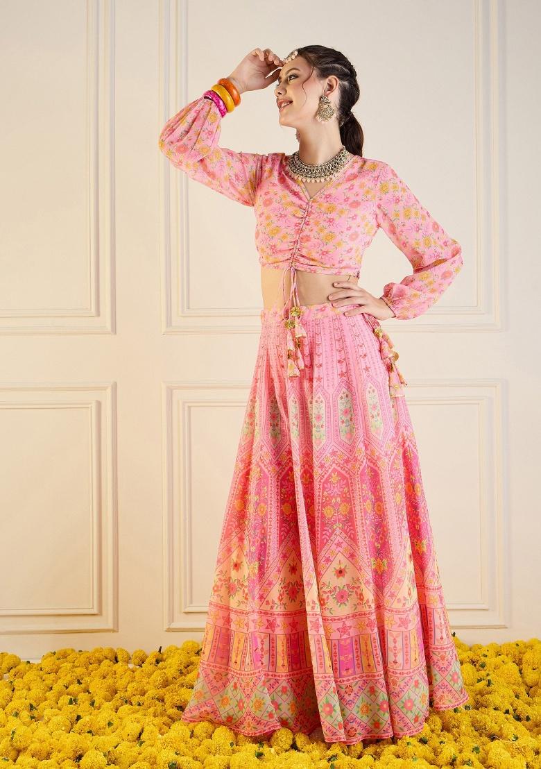 Pink Printed Rib Lehenga Set - Indya