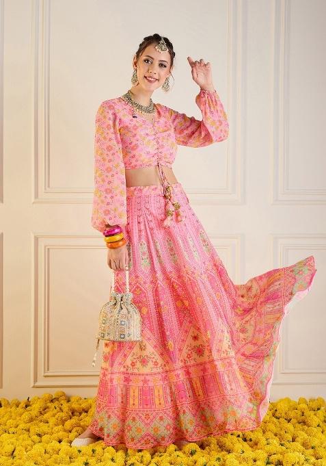 Pink Printed Rib Lehenga Set
