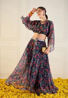 Dark Blue Printed Rib Lehenga Set