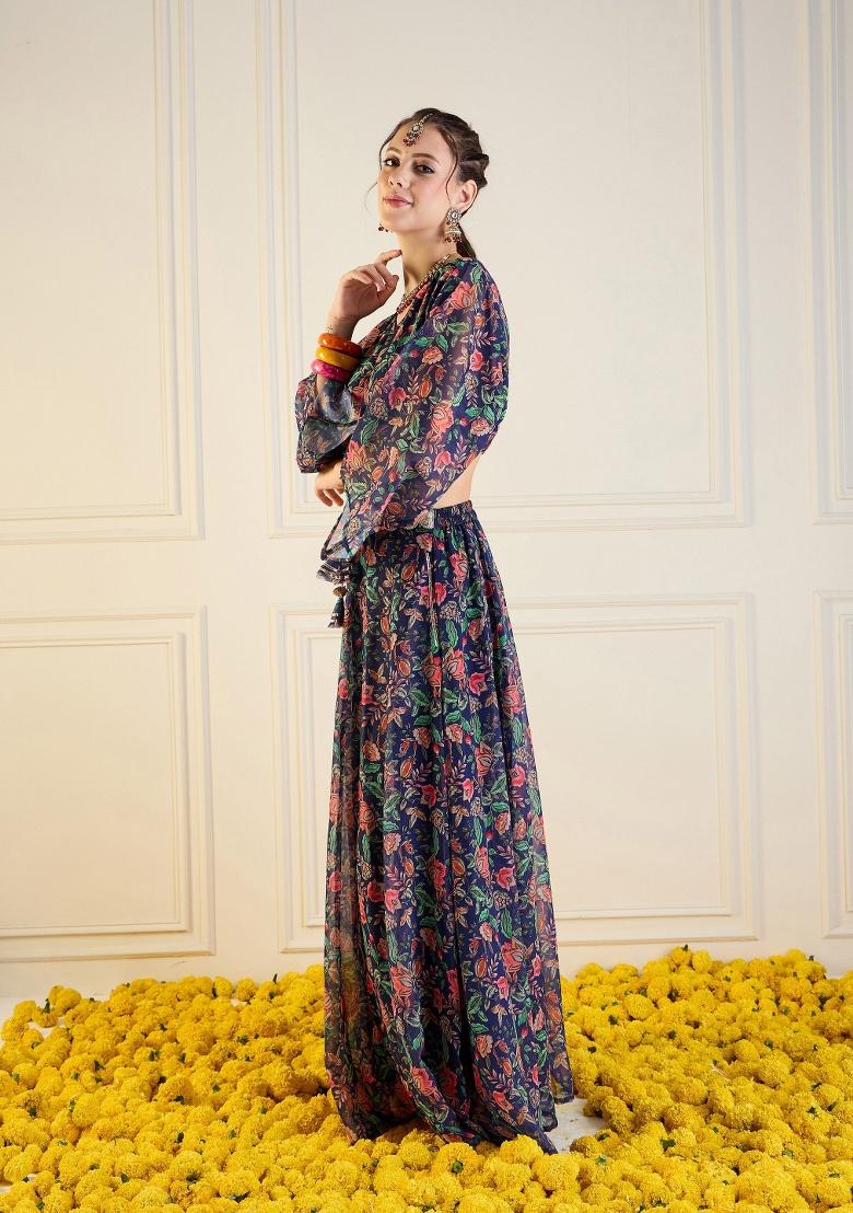 Dark Blue Printed Rib Lehenga Set - Indya