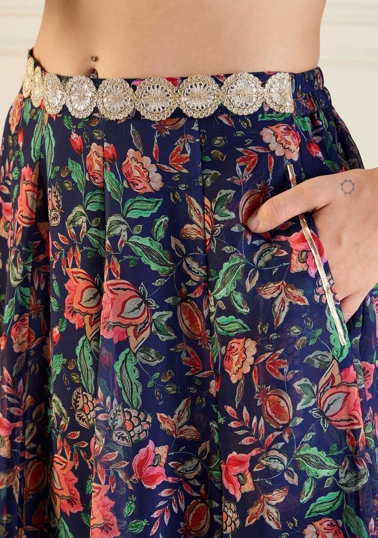 Dark Blue Printed Rib Lehenga Set - Indya