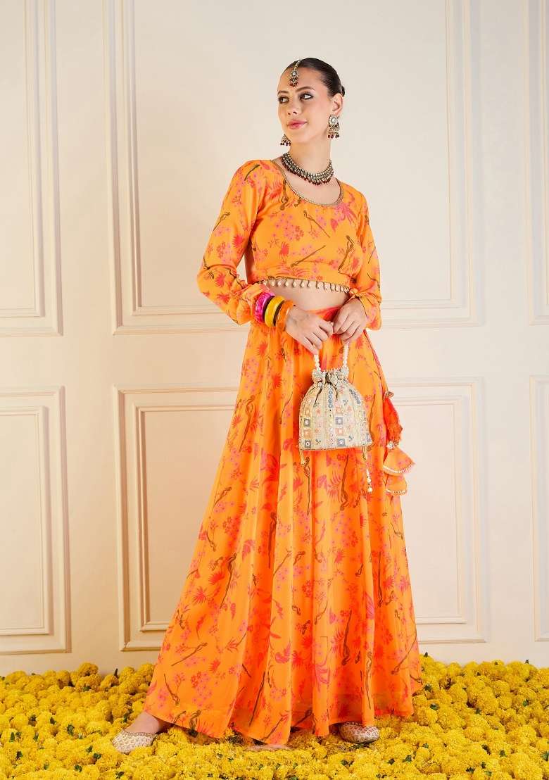 Yellow Printed Rib Lehenga Set - Indya