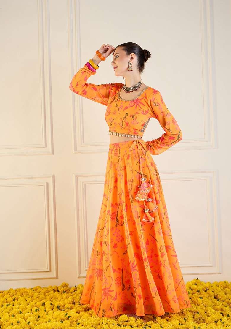 Yellow Printed Rib Lehenga Set - Indya