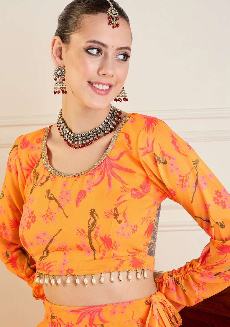 Yellow Printed Rib Lehenga Set - Indya