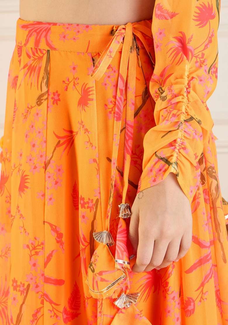 Yellow Printed Rib Lehenga Set - Indya