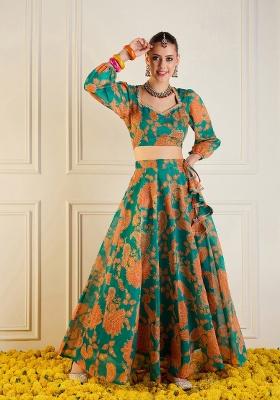 Green Printed Rib Lehenga Set