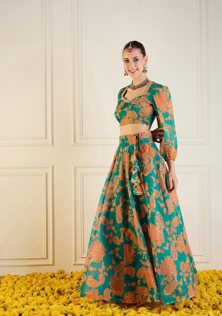 Green Printed Rib Lehenga Set - Indya