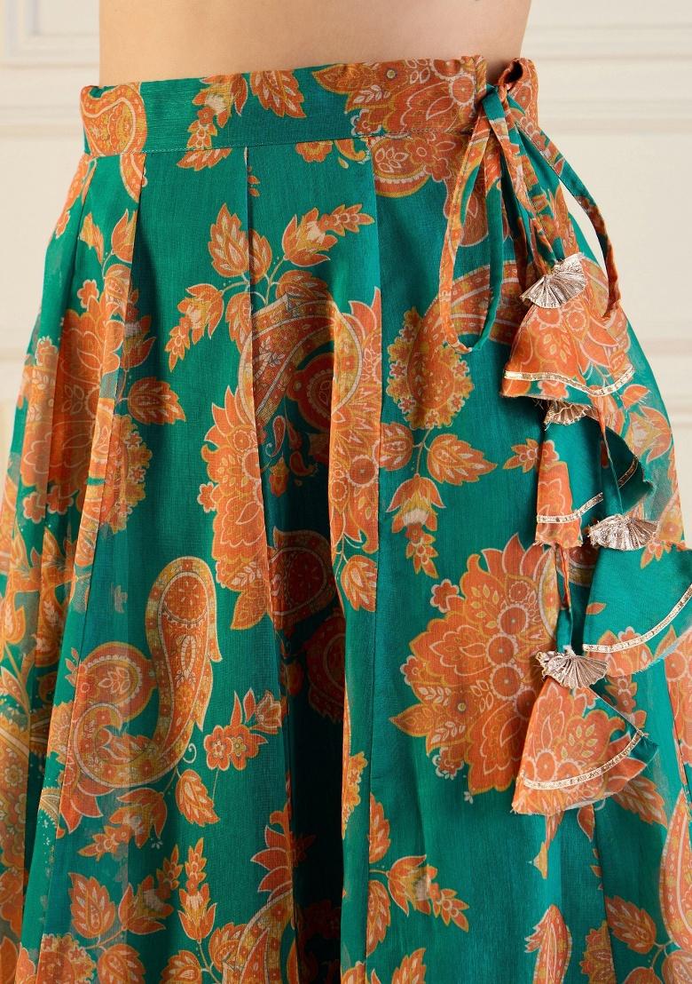 Green Printed Rib Lehenga Set - Indya