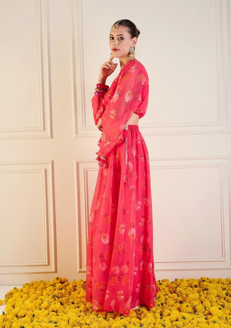 Pink Printed Rib Lehenga Set - Indya
