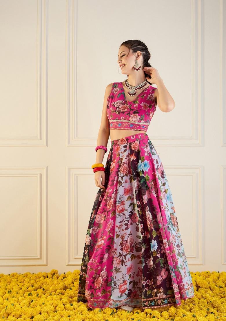 Pink Printed Rib Lehenga Set - Indya