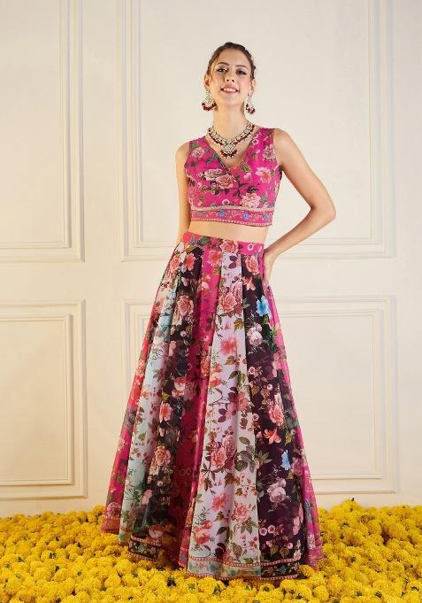 Pink Printed Rib Lehenga Set