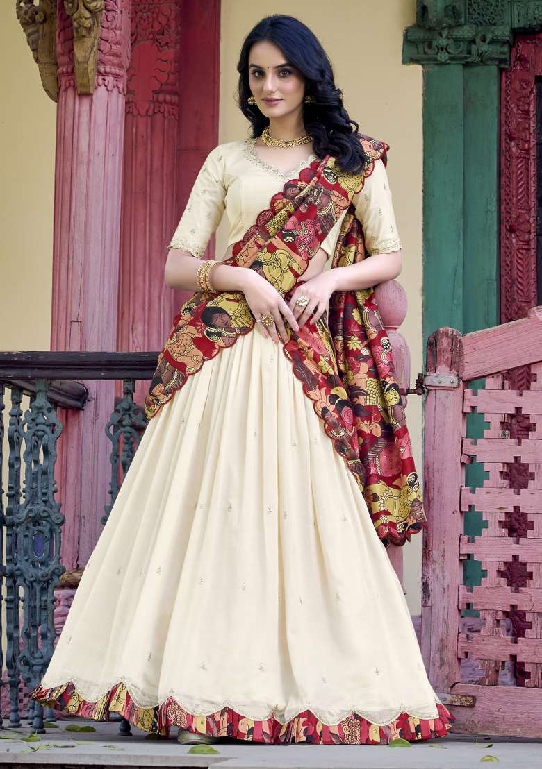 Off White Silk Blend Lehenga Set with Embroidery for Diwali | Wedding & Festive Wear - Indya
