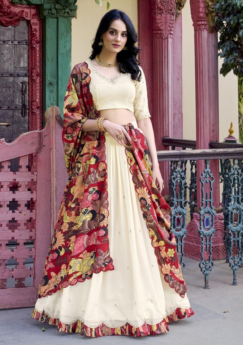 Off White Embroidery Silk Lehenga Set - Indya