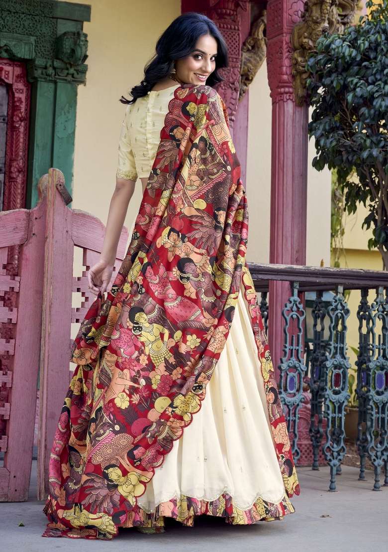 Off White Silk Blend Lehenga Set with Embroidery for Diwali | Wedding & Festive Wear - Indya