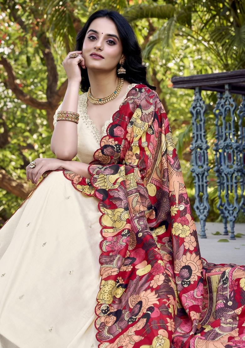 Off White Embroidery Silk Lehenga Set - Indya