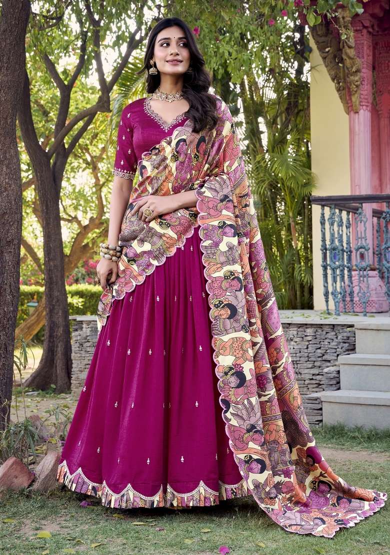 Pink Embroidery Silk Blend Lehenga Set for Diwali and Festive Wear - Indya