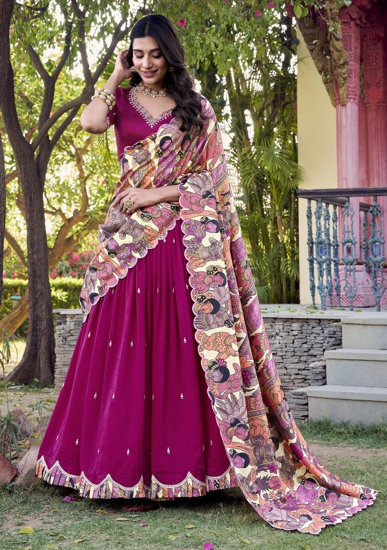 Pink Embroidery Silk Lehenga Set - Indya