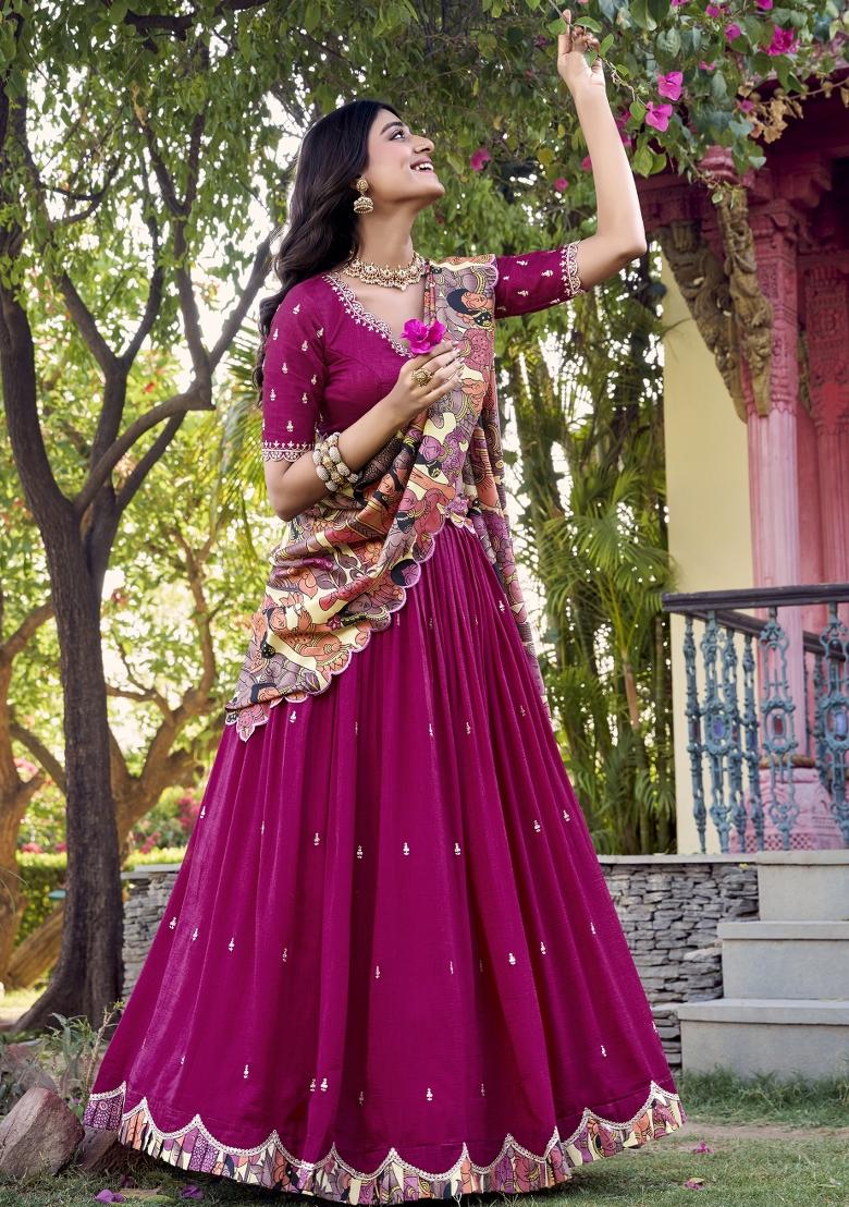 Pink Embroidery Silk Lehenga Set - Indya