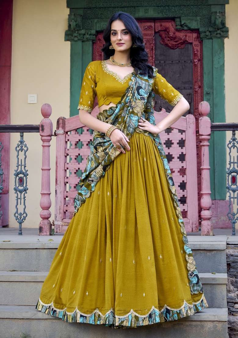 Mustard Embroidery Silk Blend Lehenga Set for Diwali and Festive Wear - Indya