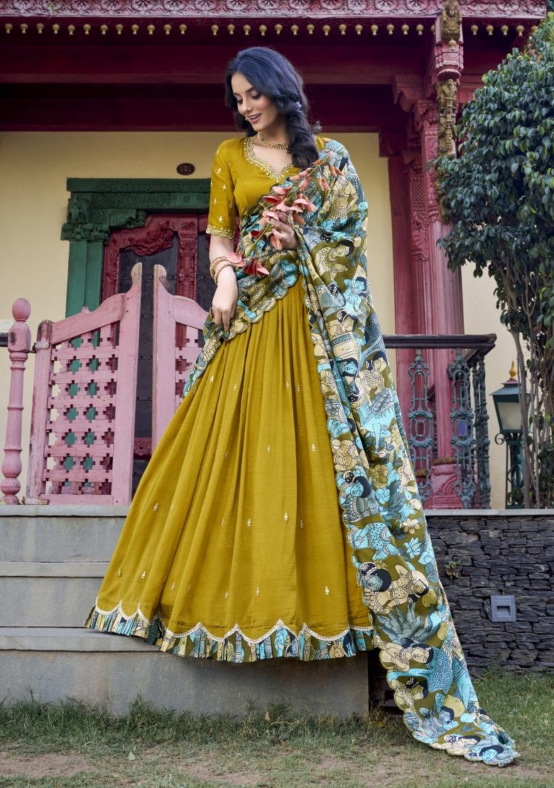 Mustard Embroidery Silk Lehenga Set - Indya