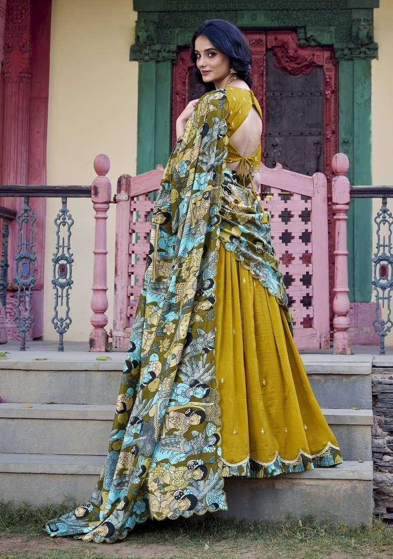 Mustard Embroidery Silk Blend Lehenga Set for Diwali and Festive Wear - Indya