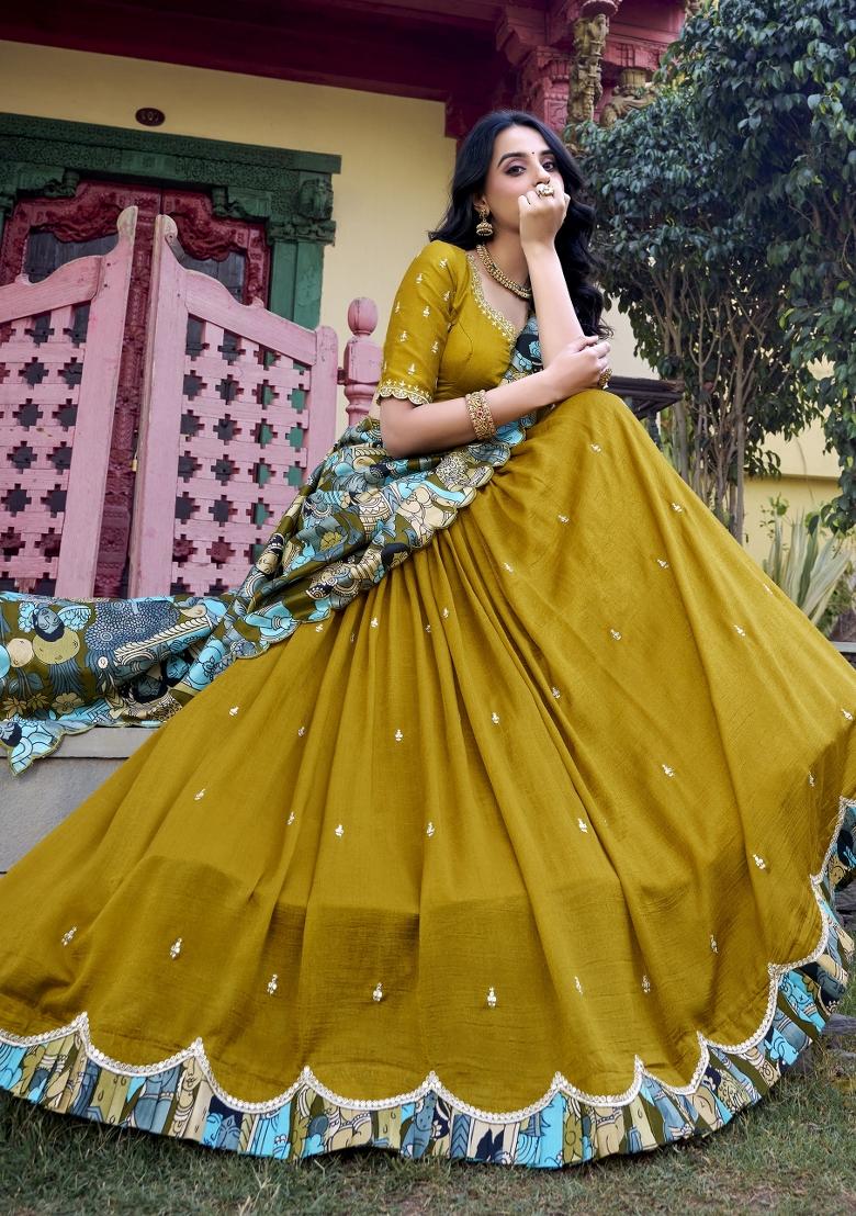 Mustard Embroidery Silk Lehenga Set - Indya