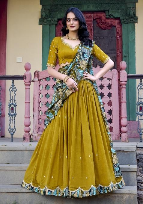 Mustard Embroidery Silk Lehenga Set
